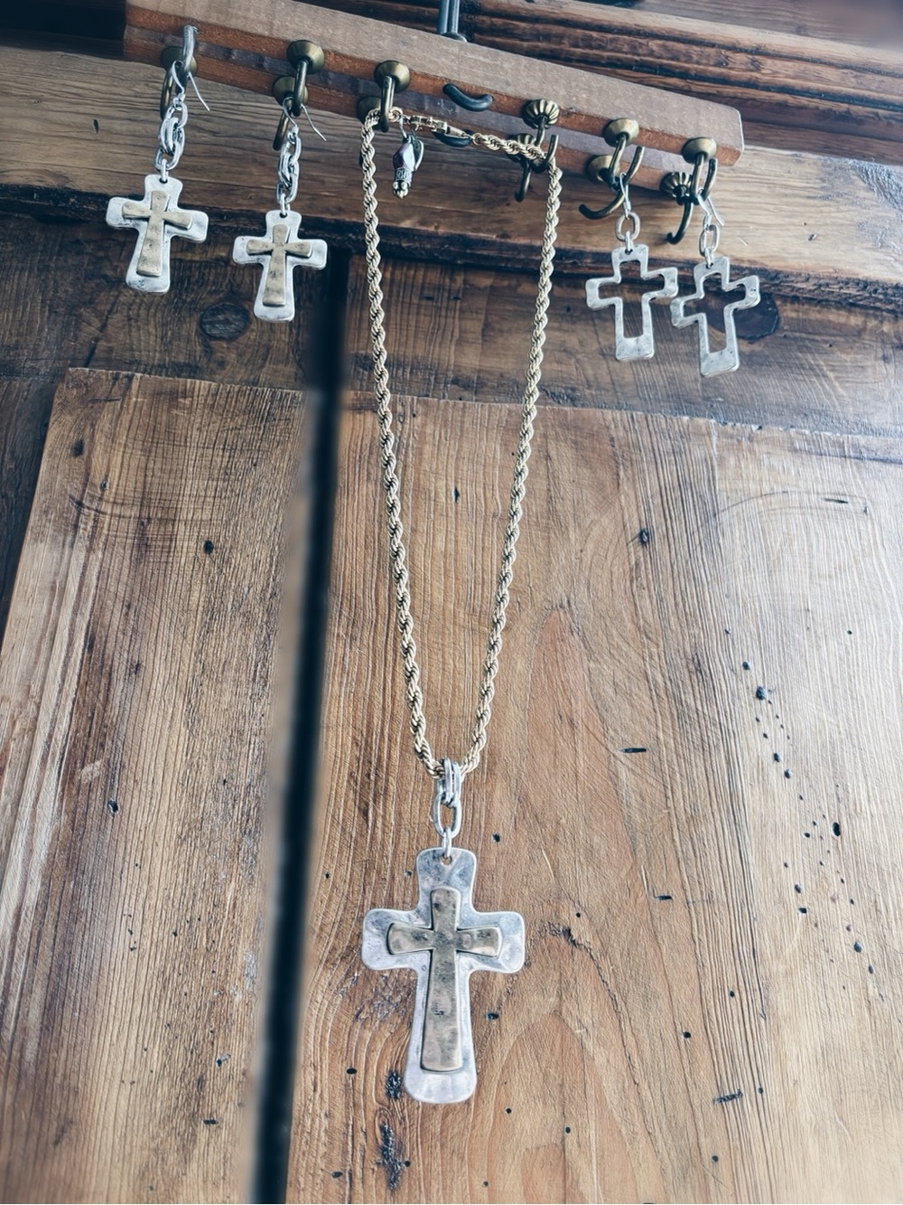 OOAK Upcycled Mixed Metal Cross Necklace & Earring Set | Vintage Rope Chain